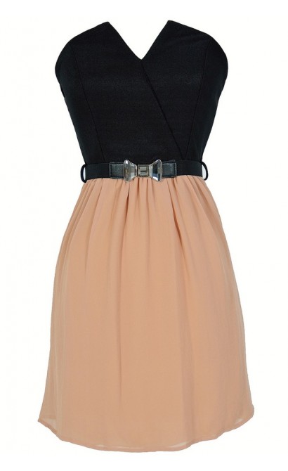 Tulip Garden Strapless Belted Dress in Black/Taupe